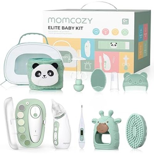 Momcozy Elite Baby Kit, Superior Baby Shower&Registry Essential Kit for Grooming & Health & Cleansing Care, Electric Nail File&Nasal Aspirator, Tummy Wrap, Thermometer, Bath Brush,Teether, Storage Bag