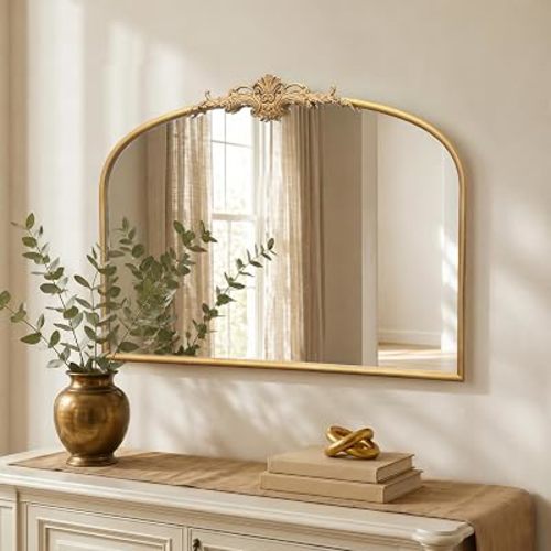 Besdomus Antique Arched Gold Mirror: 32"x24" French Large Gleaming Gold Antique Wall Mirror - Baroque Traditional Ornate for Fireplace/Bathroom/Bedroom - Ideal Gifts for Housewarming/Birthday
