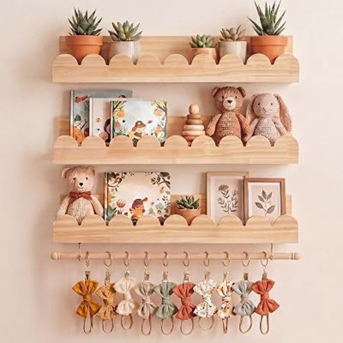 Qunclay Nursery Floating Shelves Headband and Bow Holder with Rod Wall Mounted Wood Shelves Nursery Decor for Wall Home Organization Kitchen Living Room Storage Decor (3-Tier,Natural Color)