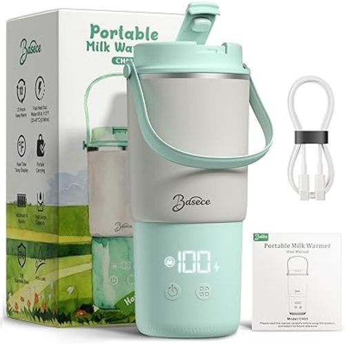 Portable Bottle Warmer for Travel, 120W Fast Heating, Easy to Clean& 8-Temperature Portable Milk Warmer for Babies and Infants,24-Hour Keep-Warm for Baby Formula, Breast Milk & Waterm,Green
