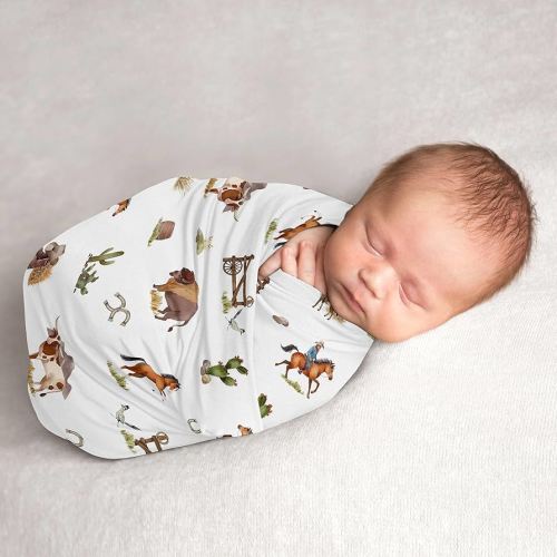 Sweet Jojo Designs Western Cowboy Boy Baby Swaddle Blanket Infant Newborn Lightweight Jersey Stretchy Receiving Security Stroller Cover Wild West Southern Charm Country South Horse Cow Farm Animal