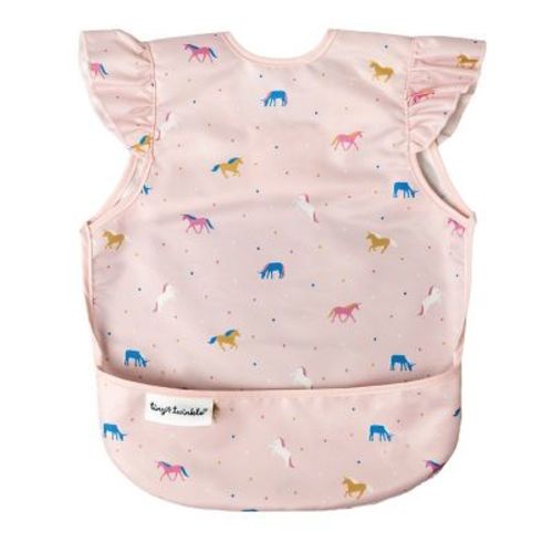 Tiny Twinkle Mess-Proof and Waterproof Baby Bib/Apron with Ruffled Shoulder, Machine Washable and BPA-Free (Rose, Small 6-24 Months)