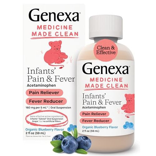 Genexa Infants’ Pain and Fever Reducer | Baby Acetaminophen, Dye Free, Liquid Oral Suspension Medicine for Infant | Delicious Organic Blueberry Flavor | 160 mg per 5mL | 2 Fluid Ounces