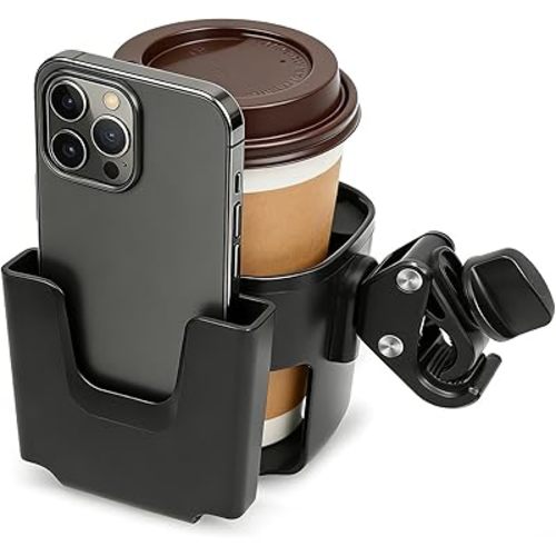 Universal Big Size 2-in-1 Cup & Phone Holder for Stroller Walker Wheelchair, Adjustable Clip On Attachment for Bike Scooter Rollator, Compatible with Nuna Uppababy Graco Doona Baby Travel Gear