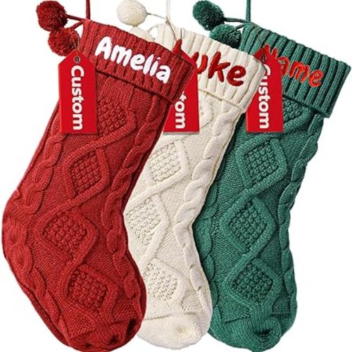 Bemaystar Personalized Christmas Stockings - 18'' Custom Christmas Stockings with Names, Embroidery Knitted Stockings Xmas Decoration Gifts for Family Kids Holiday Party, 1-Pack | Choose Any Styles