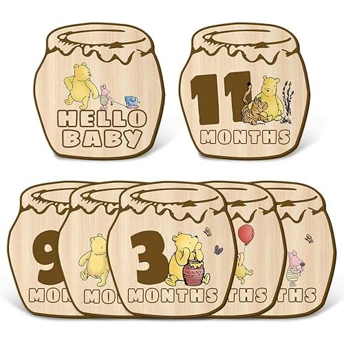 7Pcs Winnie Monthly Milestone Markers Double Sided Honey Pot Months Wooden Signs for Baby Boy Girl Announcement Wood Discs with Hello World for Newborn Photo Prop