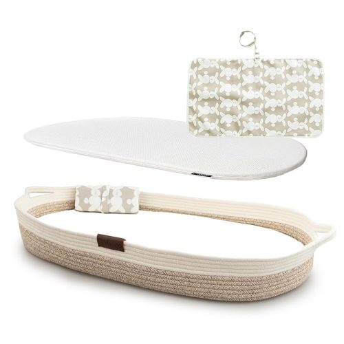 Yunioo Deluxe Baby Changing Basket with Extra Travel Diaper pad, Foldable Baby Changing Pad with Water Repellent Cover, Cotton Rope Baby Basket, Changing Table Topper for Dresser (White Beige)