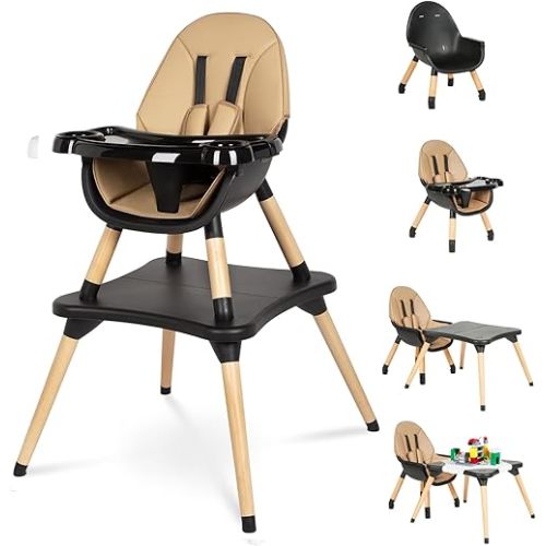 High Chair for Babies & Toddlers, Convertible Wooden 6 in 1 Baby Highchair, Table and Chair Set, Building Block Table, 5-Point Adjustable Seat Belts, 4-Position Removable Tray& PU Seat Cushion (Black)
