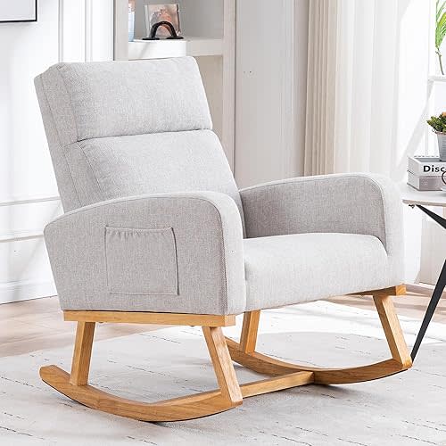 Rocking Chair Nursery, Nursing Rocker Armchair with High Backrest, Comfy Rocking Chair for Nursery, Bedroom (Light Grey)