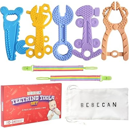 Teething Tools Teether for Baby - 5 Premium Food-Grade Silicone Baby Boy Teething Toys, 2 Straps for Safety and Travel Bag Tool Toys Provide Soothing Relief and Healthy Development.