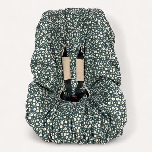 Green Daisy Print Toddler Car Seat Cover: Waterproof Cotton Liner with Optional Strap Covers