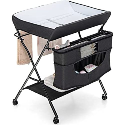 BABY JOY Foldable Baby Changing Table, 4-in-1 Diaper Station w/4 Adjustable Heights & 4 Lockable Wheels, Portable Nursery Stand Organiser for Infant Newborn w/Large Storage Basket & Safety Belt, Black : Amazon.com.au: Baby