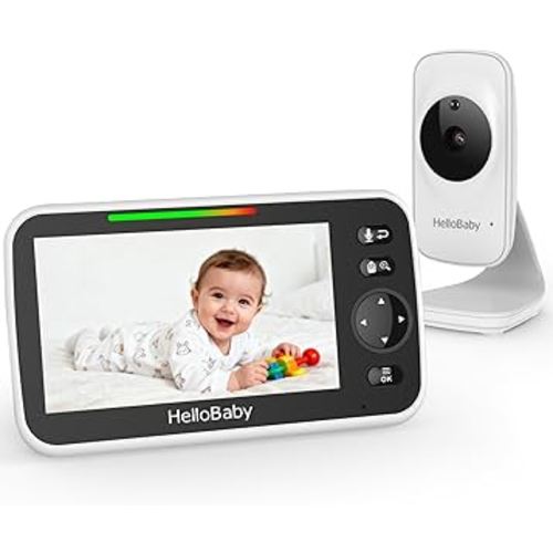 HelloBaby 5" Baby Monitor,30-Hours Battery Life Baby Camera,Baby Monitor No WiFi,ECO Mode, Alarm/Timer Setting,Remote Pan/Tilt/Zoom,Night Vision, 2-Way Talk, 8 Lullabies, Temperature