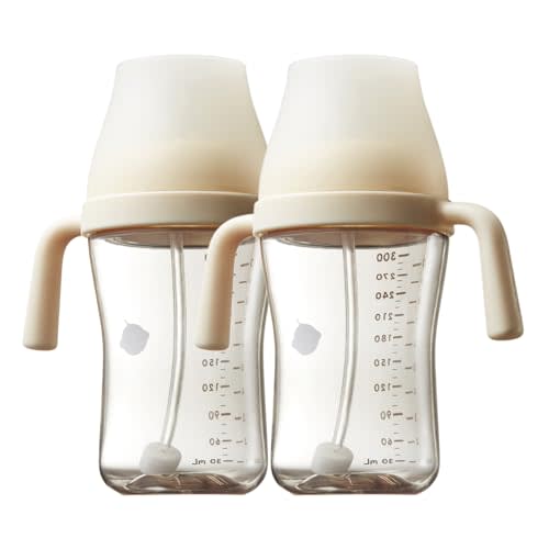 bc babycare Sippy Cup Learner for 6+ Month Old with Nipples & Handles, Spill Proof Sippy Cup, Weighted Straw Toddler Cups, Anti-Choking Baby Cups 2 Packs, Beige