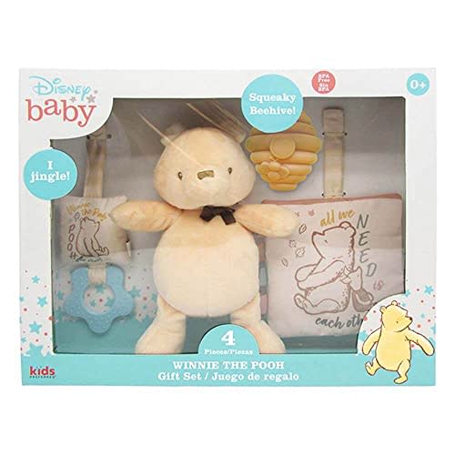 KIDS PREFERRED Classic Pooh 4 Piece Set with Pooh Stuffed Animal, Squeaker Toy, Crinkle Square, and Teether