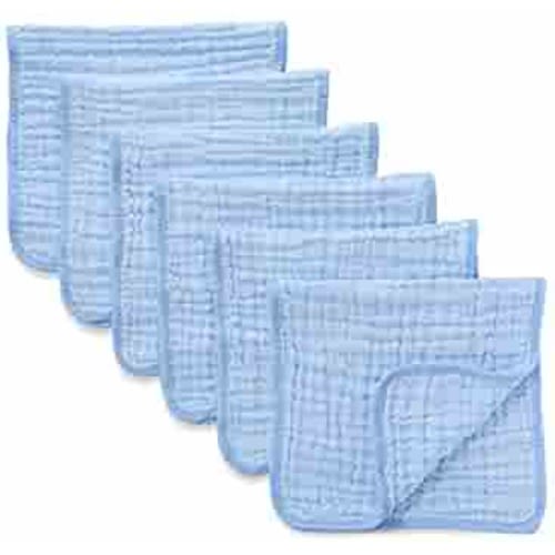 Muslin Burp Cloths 6 Pack Large 100% Cotton Hand Washcloths 6 Layers Extra Absorbent and Soft (Blue, Pack of 6)