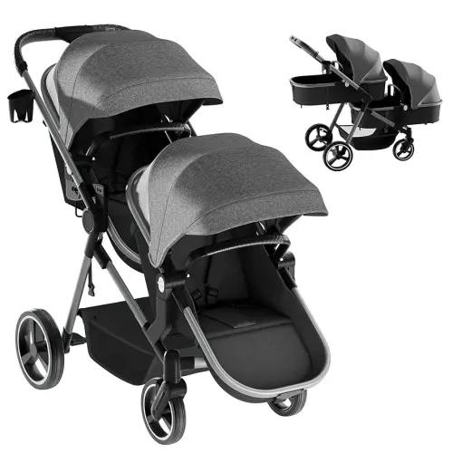 MU Double Stroller, Foldable Twin Tandem Stroller with Adjustable Backrest, Reversible Seat, 5-Point Harness, Storage Basket, Convertible Baby Bassinet for Infant and Toddler, Gray