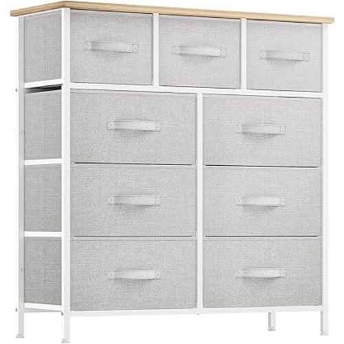 DWVO 9 Drawer Dresser, Light Gray Fabric Storage Tower, Tall Organizer Unit for Room, Living Room, Hallway, Closets - Sturdy Steel Frame, Wooden Top & Easy Pull Bins
