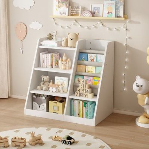 Ktmbdw Kids Bookshelf And Toy Storage Organizer, 4 Tier Wooden Kids Book Shelf With Sling Book Rack In Kids Room Playroom Nursery For Kids, Children