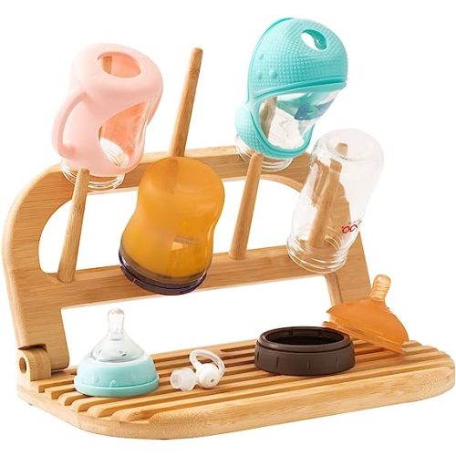 Baraiser Bottle Drying Rack, Bamboo Baby Bottle Holder, Portable and Space Saving Bottle Dryer for Baby Bottles Accessories and Feeding Supplies