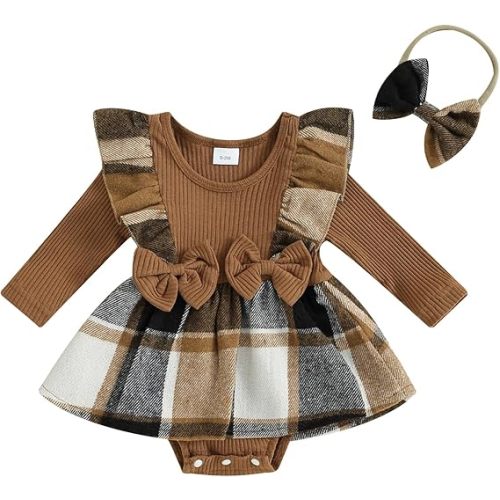 Newborn Baby Girl Fall Winter Outfit Set Plaid Romper Dress Ruffles Long Sleeve Clothes Jumpsuit with Bow Headband (Brown, 3-6 Months)