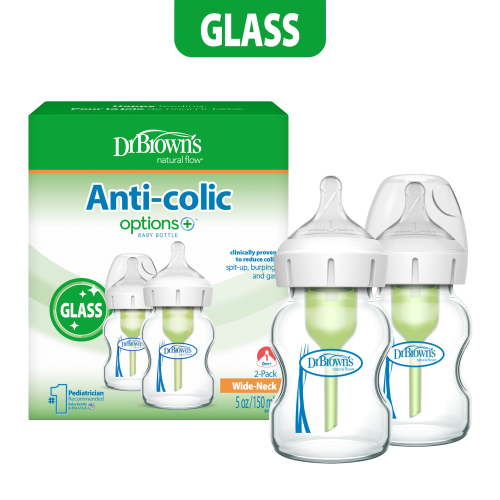 Dr. Brown's Anti-Colic Options+ Wide-Neck Glass Baby Bottle, 5oz, Slow Flow Nipple, BPA Free, 0m+, 2-Pack