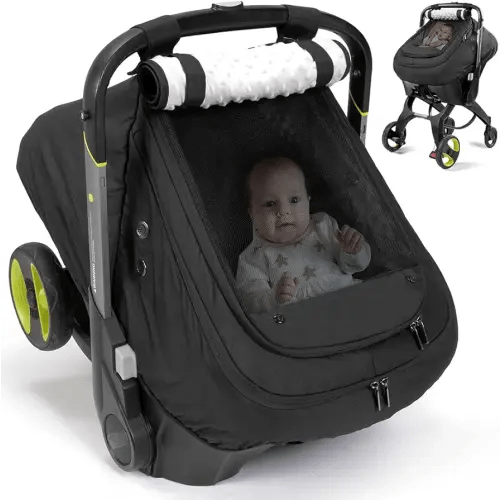 Bioby Waterproof Baby Car Seat Cover, Infant Car Seat Cover for Boy Girl, Roomy Cozy Windproof Sun Protection Baby Carseat Covers Canopy with Breathable Net and Holes, Universal Fitted Black