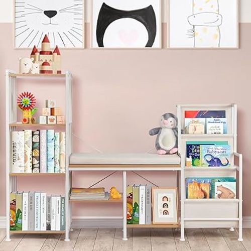 Kids Bookshelf with Reading Nook, Kids Reading Nook with Storage, Nursery Book Shelves with Bench, Montessori Book Shelf & Toy Storage Organizer, Toddler Bookshelf for Nursery & Kid Room