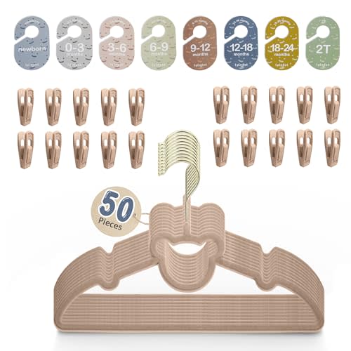 Velvet Baby Hangers with Clips – Organize Baby Clothes by Age with Size Dividers – Save Closet Space for Newborn to Toddler Outfits – Perfect Nursery Must-Have (Dune)