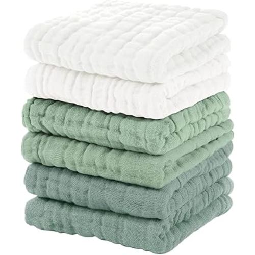 Muslin Baby Washcloths 6 Pack, 100% Cotton Wash Cloths for Babies, Large 12''X12'' Burp Cloths Absorbent and Soft for Newborn Infants Kids Boys Girls - White Green