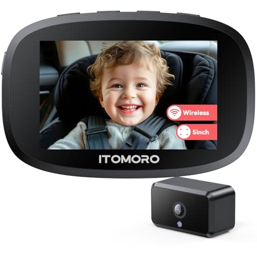 Itomoro Wireless Baby Car Camera, Rechargeable Car Baby Monitor with 5" HD 1080P Night Vision Display, Backseat Camera for Kids Max Range 1000FT, Easy Installation 360° Rotatable Rear Facing Mirrors