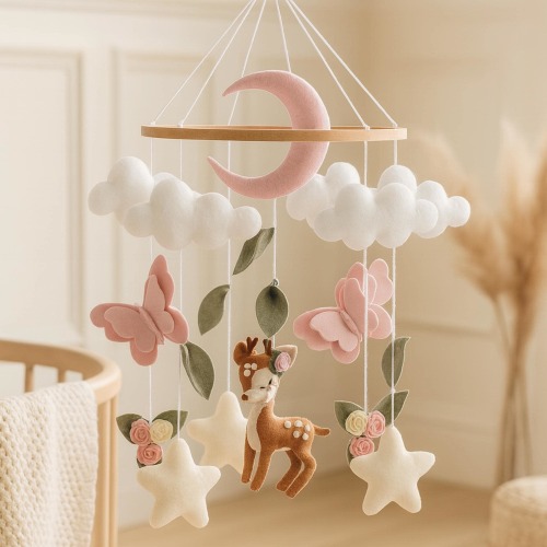 Deer and butterfly baby mobile with hanging flowers, soft felt crib mobile for girl nursery decor, newborn shower gift idea