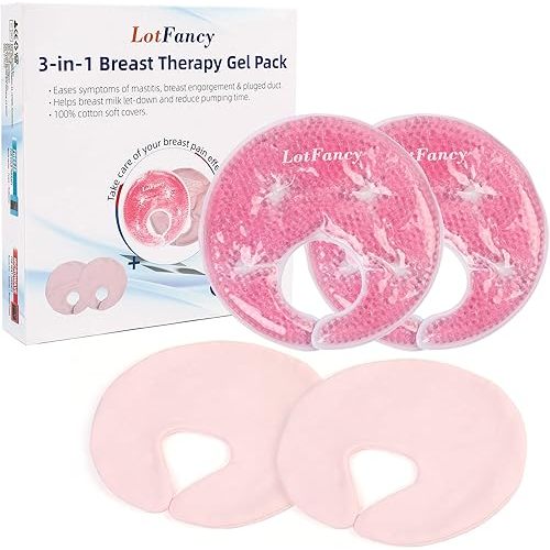 LotFancy Breast Ice Packs, 2 Hot Cold Breast Therapy Packs and 2 Covers, Breastfeeding Essentials, Gel Nursing Pad for Engorgement, Plugged Ducts, Mastitis, Warm Compress for Pumping