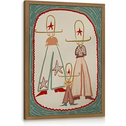 EisEver Wood Framed Western Cowboy Wall Art, Cute Cartoon Cowboy Canvas Print, Retro Country Kids Room Wall Decor, Vintage Western Cowboy Nursery Artwork for Boys Girls Bedroom Playroom 12x16 Inch