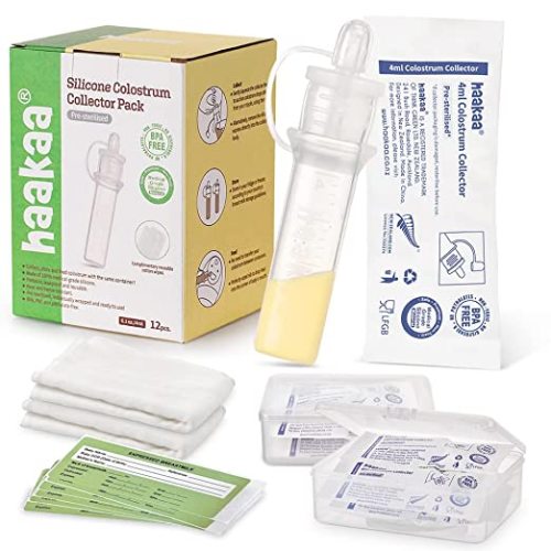 haakaa Colostrum Collector Set Ready-to-Use Silicone Colostrum Collector Reusable to Collect, Feed & Store, with 2 Clear Storage Cases & 2 White Cotton Wipe (0.1oz/4ml, 12 PK) - Colostrum Collector - 12 pk