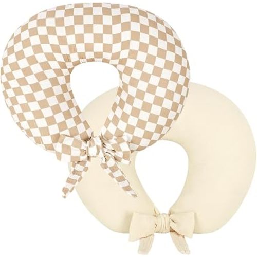 DILIMI Muslin Nursing Pillow Cover 2 Pack, Removable Nursing Cover for Breastfeeding Pillows, Adjustable Extended Strap, Soft Comfortable Slipcover for Baby Girl and Boy, Beige and Brown Gingham