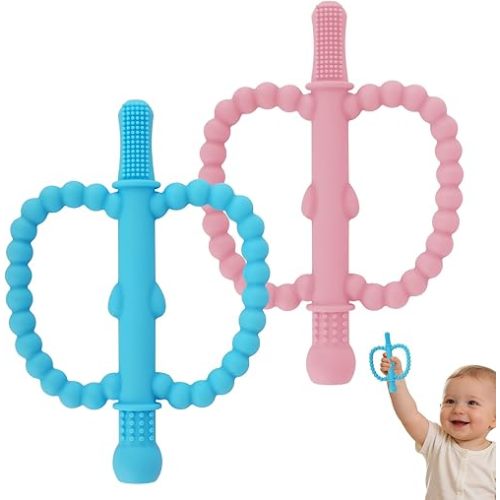 Fu Store Hollow Teether Tube 2 Pack Apple Shape Chew Straw Sensory Toy for Infant Toddlers Silicone Tubes Teething Toys for Babies 0-6 0-12 0-36 Months Gifts Teething Relief Soothing Gums (Blue Pink)