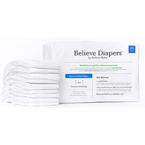 Believe Baby 100% Bamboo Viscose Baby Diapers Size 1 - Premium, Super-Absorbent, Hypoallergenic for Sensitive Skin, Chemical-Free, Unscented Diaper for Babies 8-14 lbs - 60 Ct