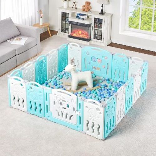 AMERLIFE Baby Playpen, Upgraded Portable Foldable Baby Fence with Game Panel and Safety Gate