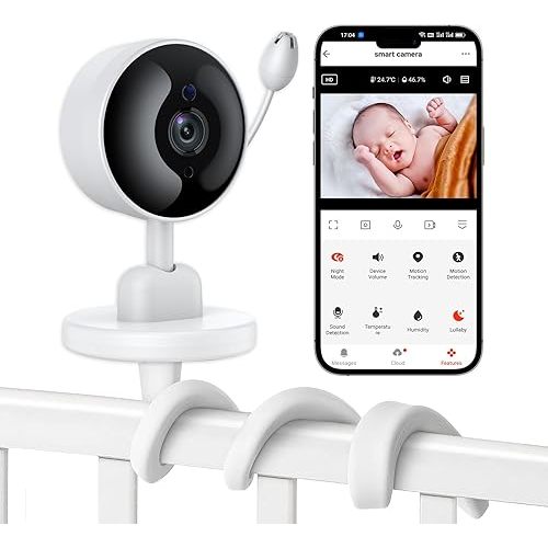 Baby Monitor with Camera and Audio, 2K WiFi Indoor Video Baby Camera with Mount, Motion & Cry Detection, Temp & Humidity Sensor, Night Vision, 2 Way Audio, 4 Lullabies, APP Control
