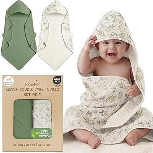 100% Organic Cotton Muslin Baby Hooded Towels 32x32 Inch – 2 Pack Soft & Absorbent Baby Hooded Towel Wrap for Boys & Girls, Premium Hooded Towels, Gentle Baby Essentials in Deep Green/Floral