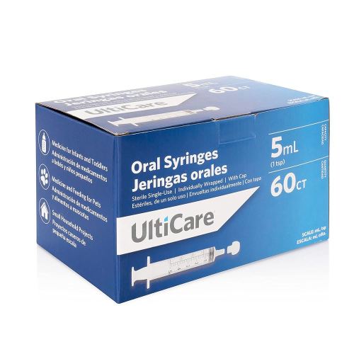 UltiCare 5mL (1 TSP) Oral Tip Syringe – Uses Include Oral Administration of Medicine for Infants, Toddlers and Small Pets, and Small HH Projects. with Cap, Sterile Individually Wrapped, 60 Count