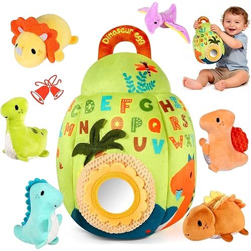 FREYBLI Baby Toys 6-12 Months - Soft Dinosaur Toy with Rattle, Crinkle Paper, Squeaker, Mirror - Baby Sensory Montessori Toys for 6 Month Old Developmental, 1 Year Old Boy Girl Gifts Toys