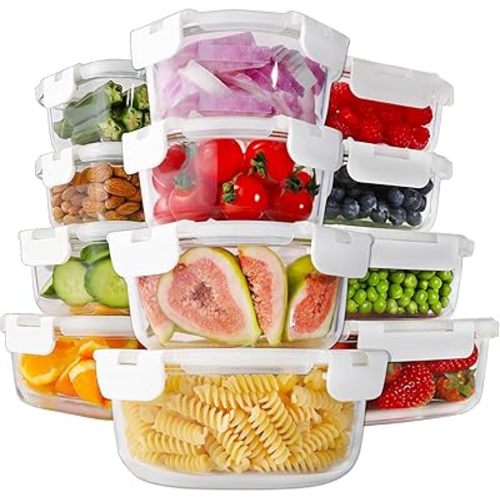 HOMBERKING 24pc Glass Food Storage Containers with Lids, Glass Meal Prep Containers with Leak Proof Snap Lock Lids, Airtight Bento Lunch Boxes, Kitchen Storage (12 lids & 12 Containers) - White