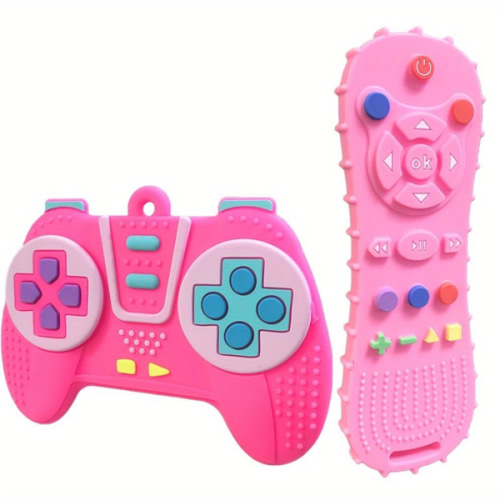 AALFA Baby Teething Toy, Soft TV Remote+Game Machine Shape Chew Set Intellectual Development Intellectual Development Educational Toy,Safe Silicone Toddler Infant (Pink (Handle+Remote Control))