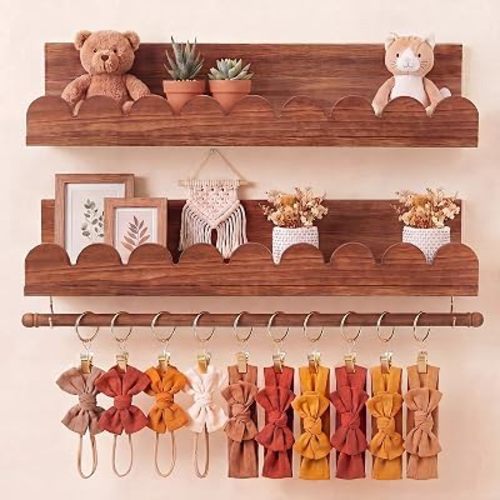 Qunclay Nursery Floating Shelves Headband and Bow Holder with Rod Wall Mounted Wood Shelves Nursery Decor for Wall Home Organization Kitchen Living Room Storage Decor(2-Tier,Walnut Color)
