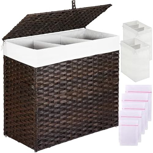 Greenstell Laundry Hamper with Lid, 125L Large Clothes Hamper with 3 Section & 2 Section Removable Liner Bags & 5 Mesh Laundry Bags, Handwoven Synthetic Rattan Divided Laundry Basket, Brown