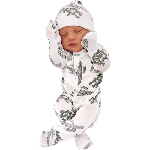 Newborn Baby Boys Girls Bodysuit 2 Piece Set Infant Cactus Print Romper Jumpsuit Hat Outfits Sets