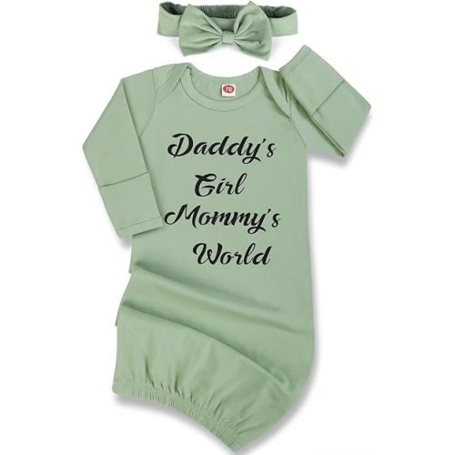 Newborn Baby Gown 0-6 Months, Super Soft Newborn Sleepers Gown, Long Sleeve Nightgown for Baby Girl, Infant Come Home Essential Outfit with Headband Green