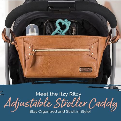 Itzy Ritzy Adjustable Stroller Caddy/Organizer - Stroller Organizer Bag Featuring Front Zippered Pocket, 2 Built-in Interior Pockets & Adjustable Straps to Fit Nearly Any Stroller (Cognac)
